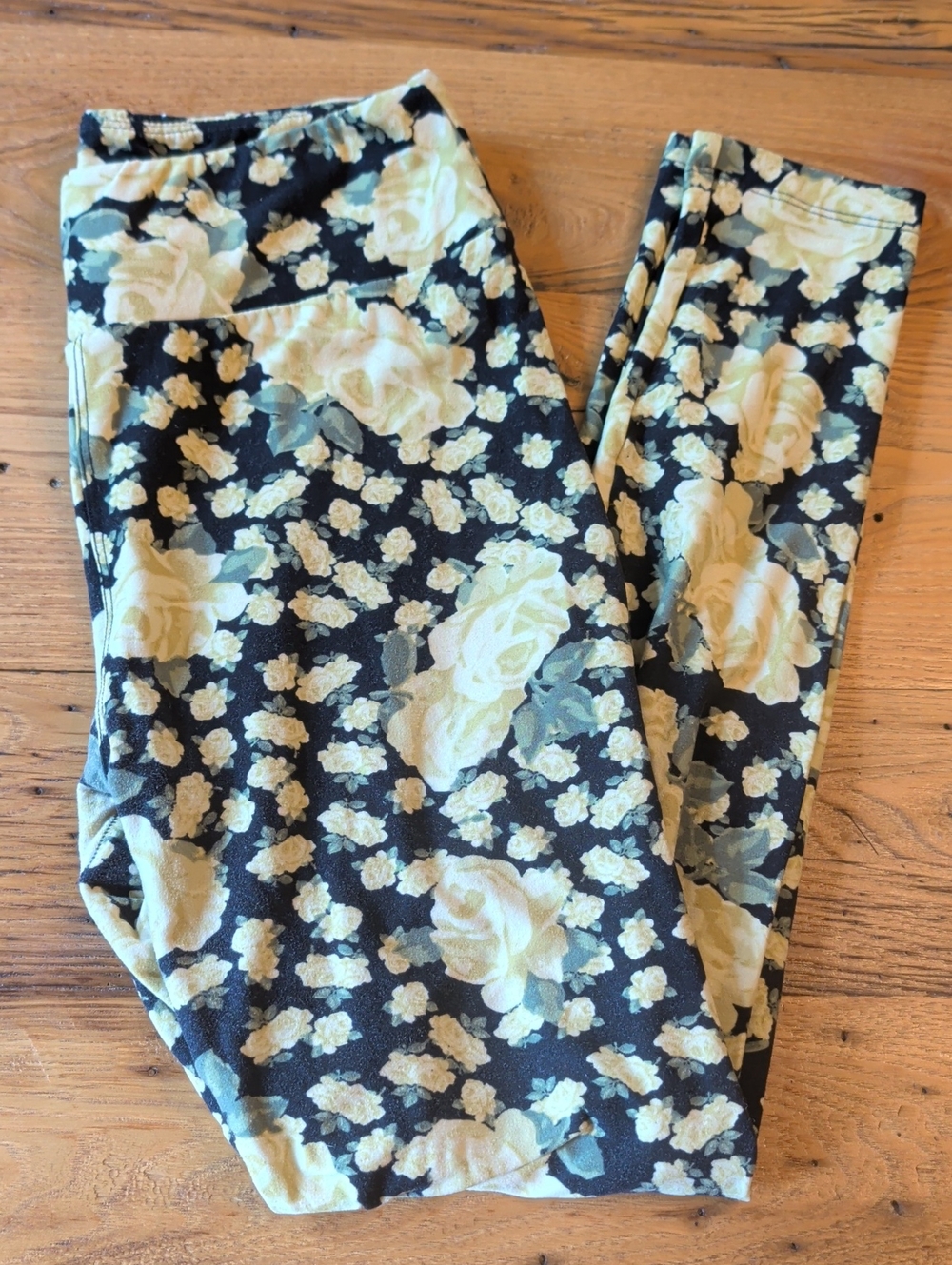 LuLaRoe Black Leggings with Yellow Rose Print
